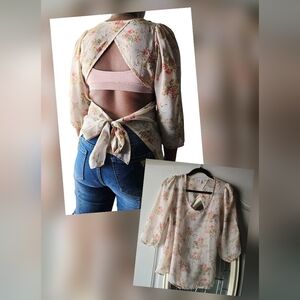 dELiA*s Y2K Cream Floral Tie-Back‎ Boho Blouse ~Small
